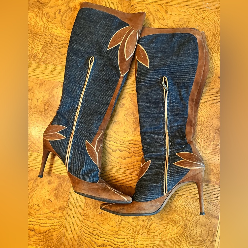 Dolce & Gabbana Brown and Blue Denim Heeled Boots